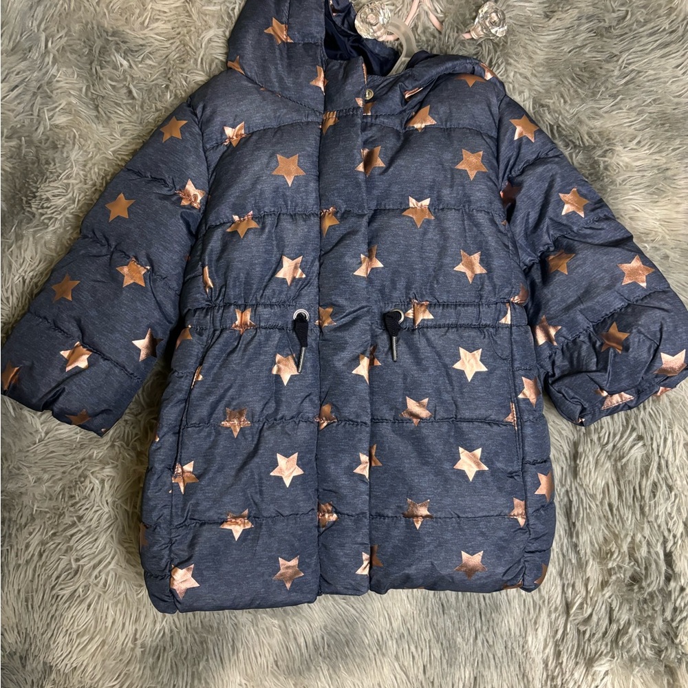 Baby gap Puffer Coat Jacket Navy Blue with pink stars